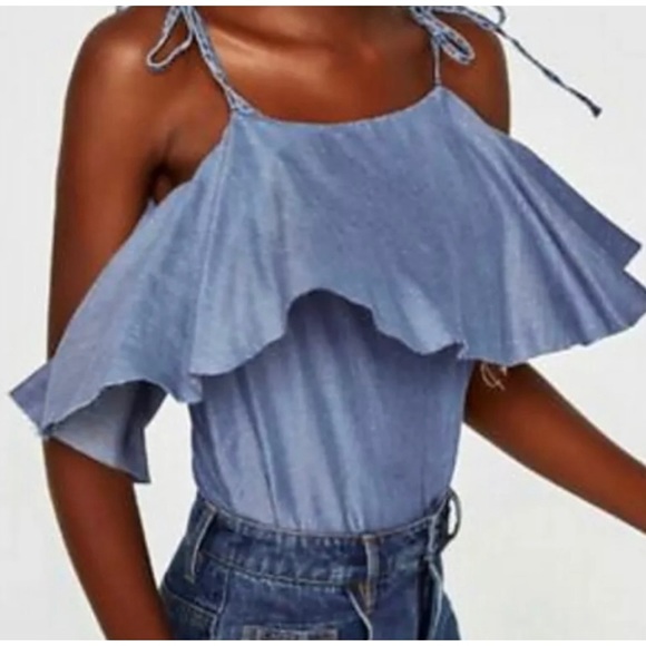 NWT ZARA Blue Denim Ruffled Chambray Camisole Spaghetti Strap Bodysuit Small - Picture 14 of 15